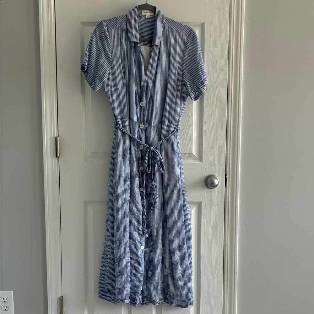 cloth & stone Blue and White Striped Button Midi Dress with Tie Waist